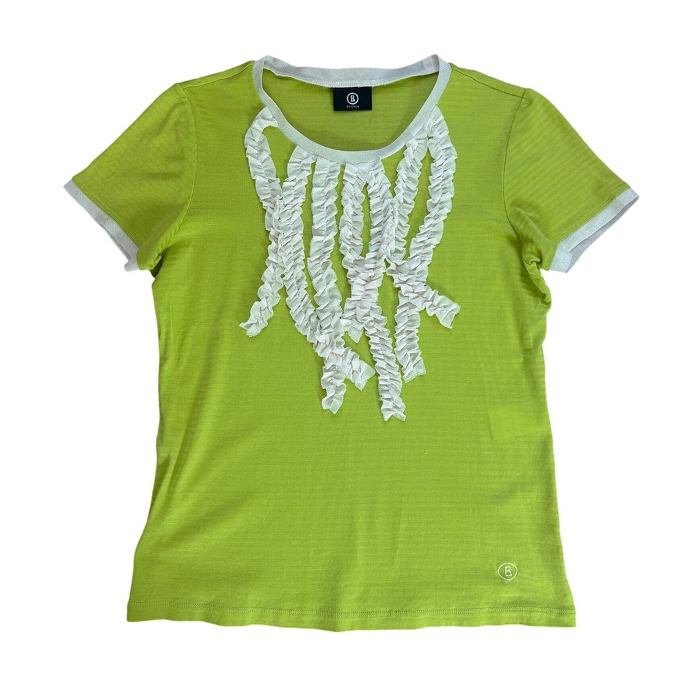 Bogner Citron Green Mesh Ruffle Short Sleeve Top Lime S y2k coquette cottage